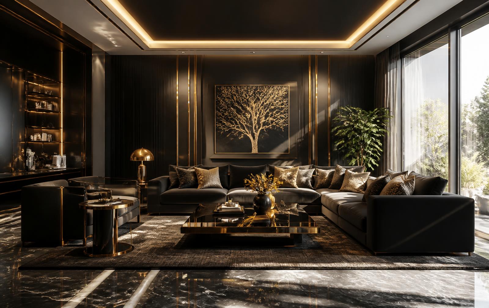 Immaculately clean luxury living room with black and gold interior details